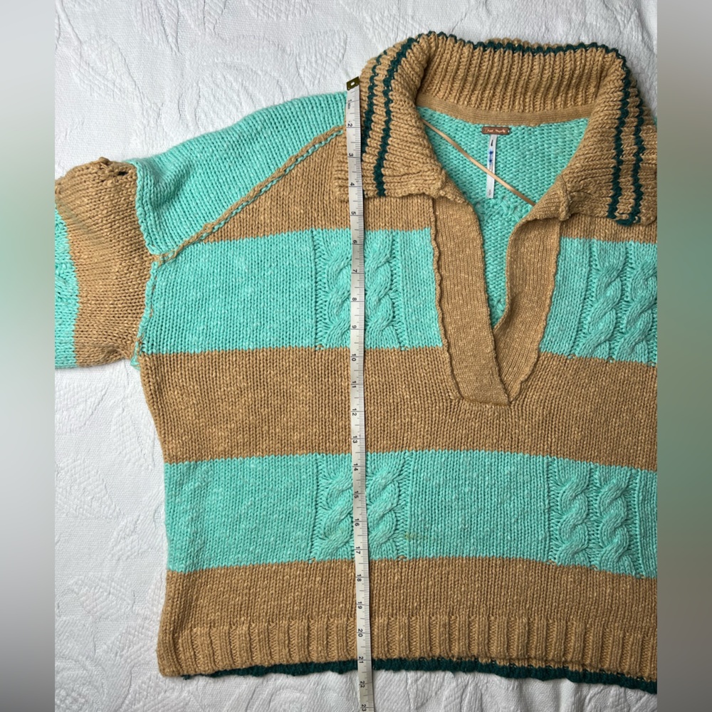 Free People Striped Oversized Knit Sweater Preppy Varsity Look in Teal and Tan - Picture 2 of 8